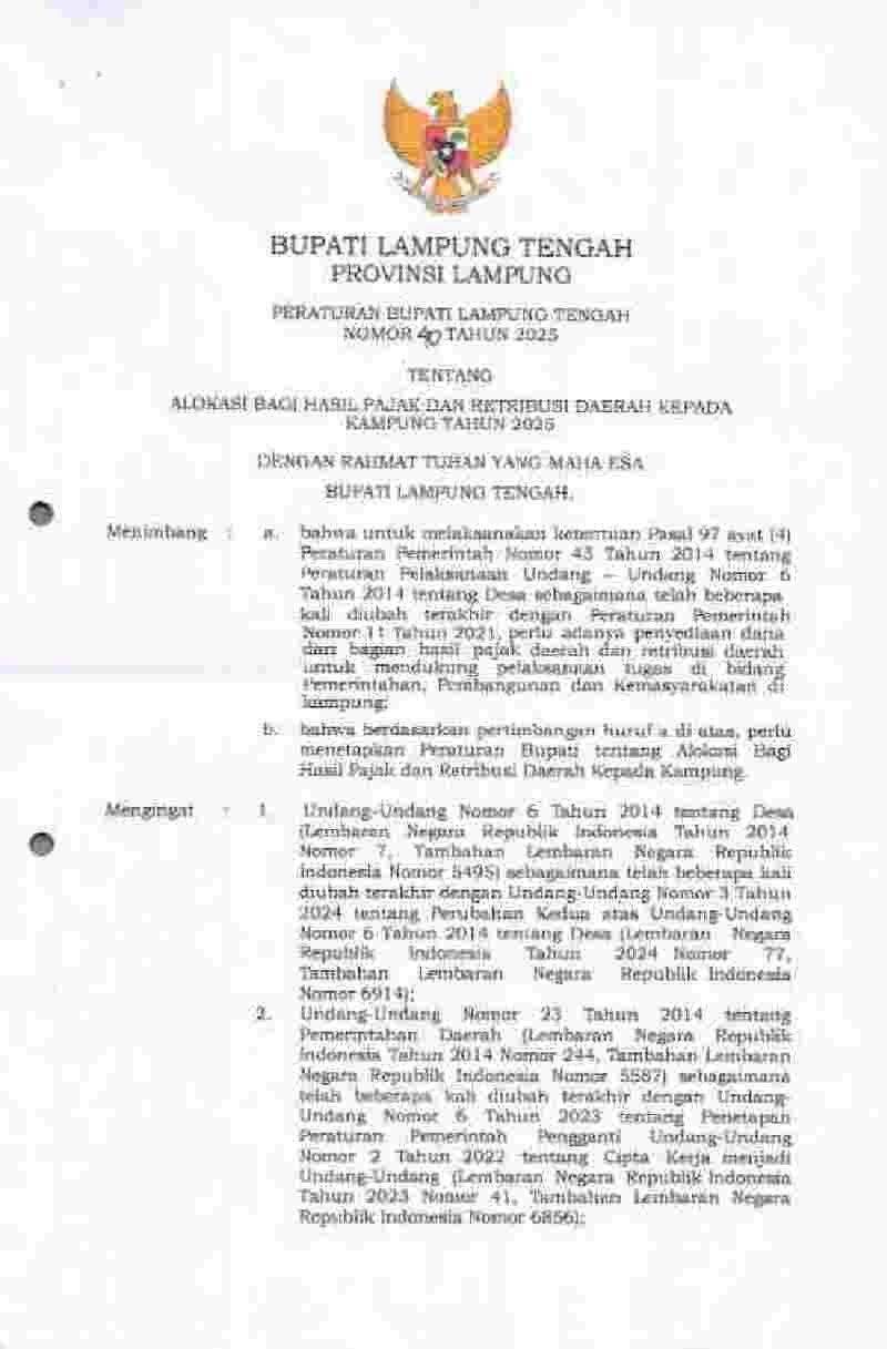 Peraturan Bupati Lampung Tengah No 40 tahun 2025 tentang Alokasi bagi Hasil Pajak dan Retribusi Daerah Kepada Kampung Tahun 2025