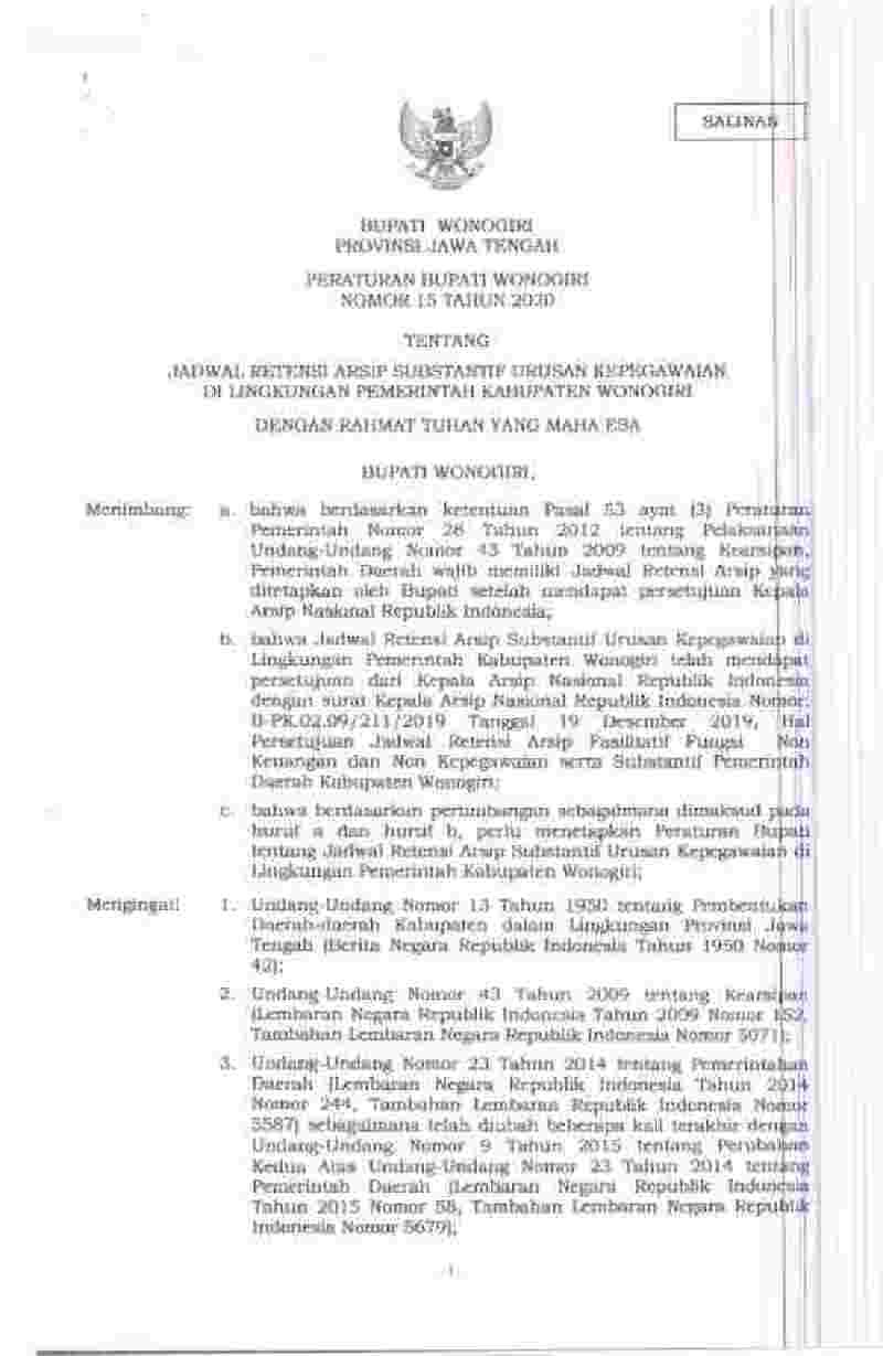 Peraturan Bupati Wonogiri No 15 tahun 2020 tentang Jadwal Retensi Arsip Substantif Urusan Kepegawaian di Lingkungan Pemerintah Kabupaten Wonogiri