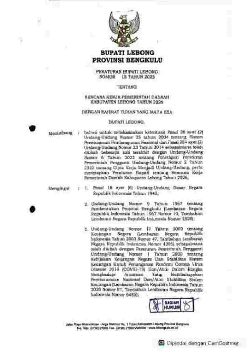 Peraturan Bupati Lebong No 15 tahun 2025 tentang Rencana Kerja Pemerintah Daerah Kabupaten Lebong Tahun 2026