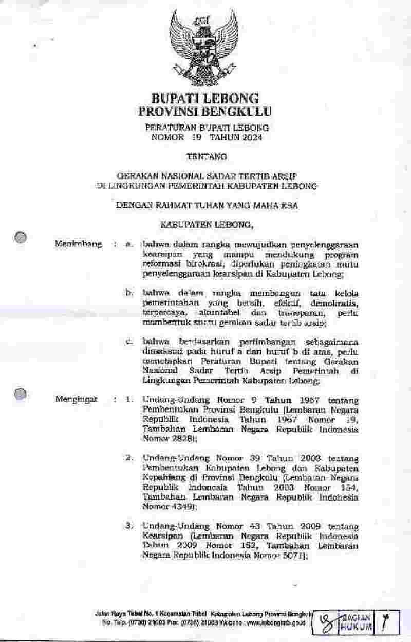 Peraturan Bupati Lebong No 19 tahun 2024 tentang Gerakan Nasional Sadar Tertib Arsip di Lingkungan Pemerintah Kabupaten Lebong