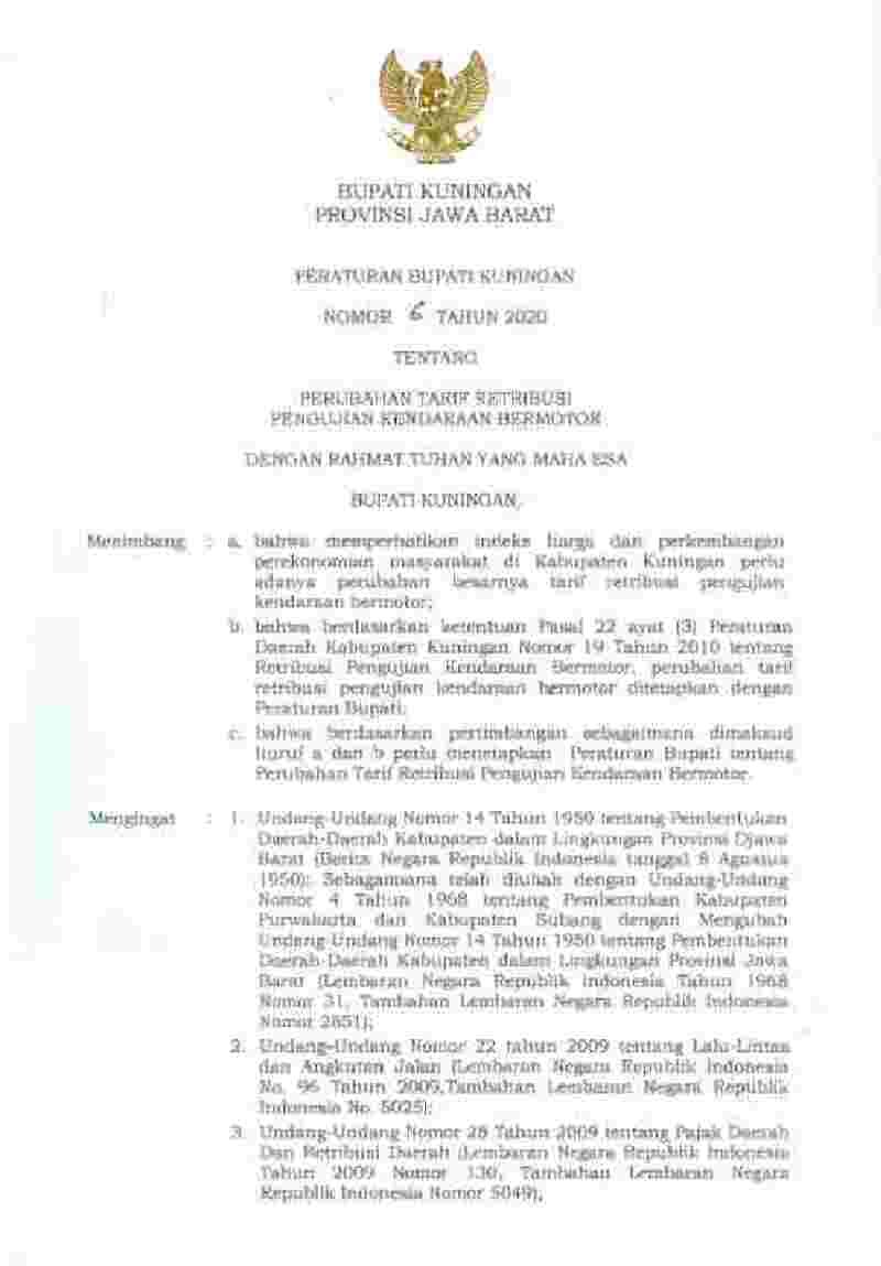 Peraturan Bupati Kuningan No 6 tahun 2020 tentang Perubahan Tarif Retribusi Pengujian Kendaraan Bermotor 