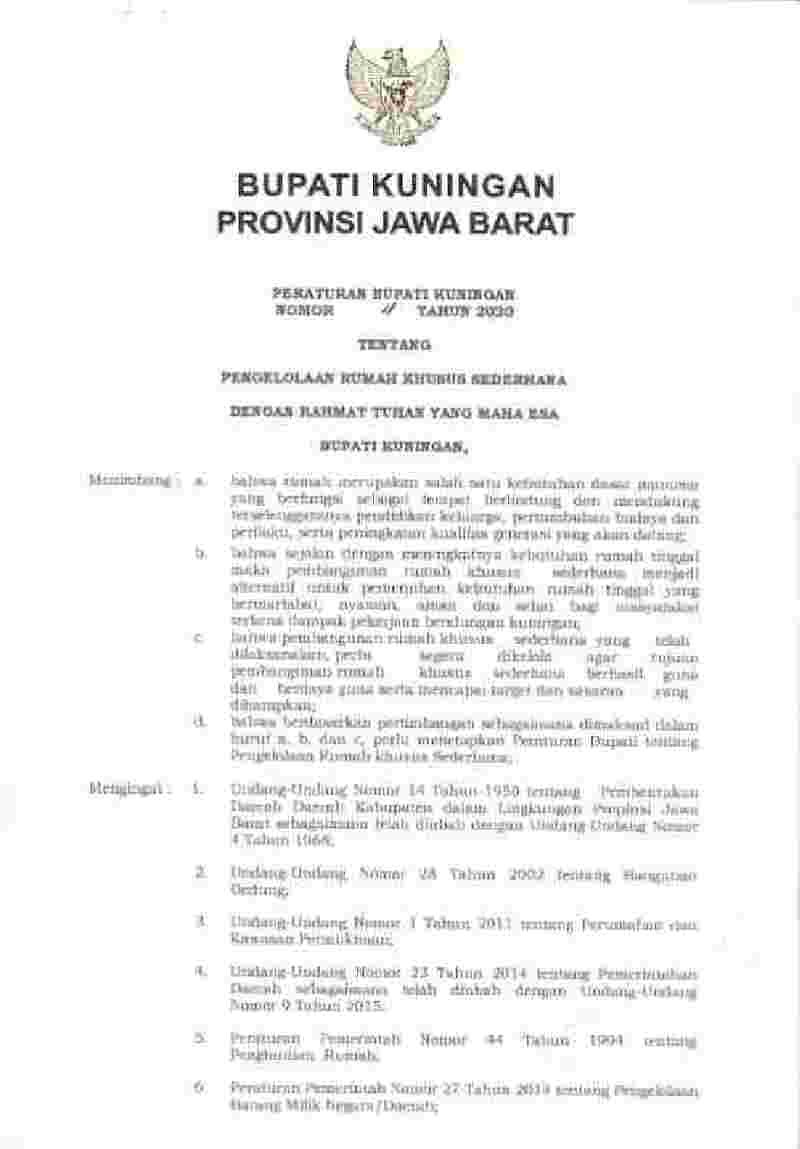 Peraturan Bupati Kuningan No 11 tahun 2020 tentang Pengelolaan Rumah Khusus Sederhana