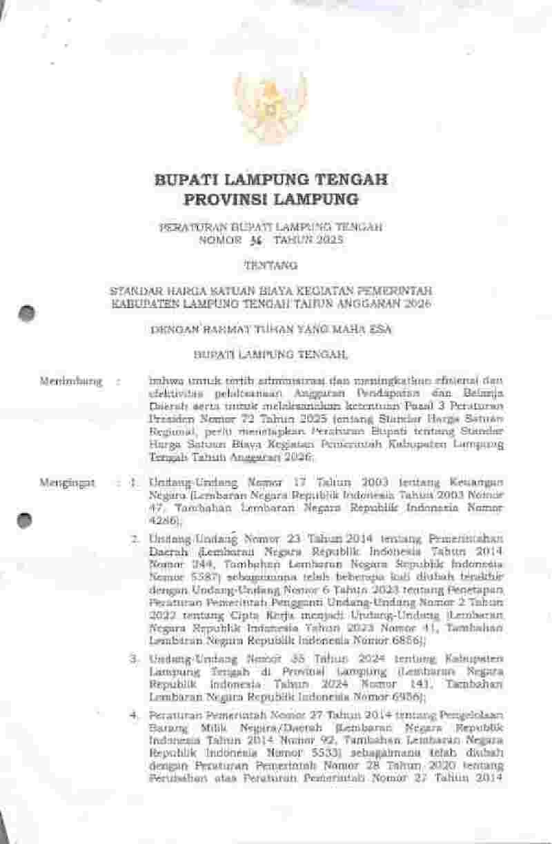 Peraturan Bupati Lampung Tengah No 36 tahun 2025 tentang Standar Harga Satuan Biaya Kegiatan Pemerintah Kabupaten Lampung Tengah Tahun Anggaran 2026