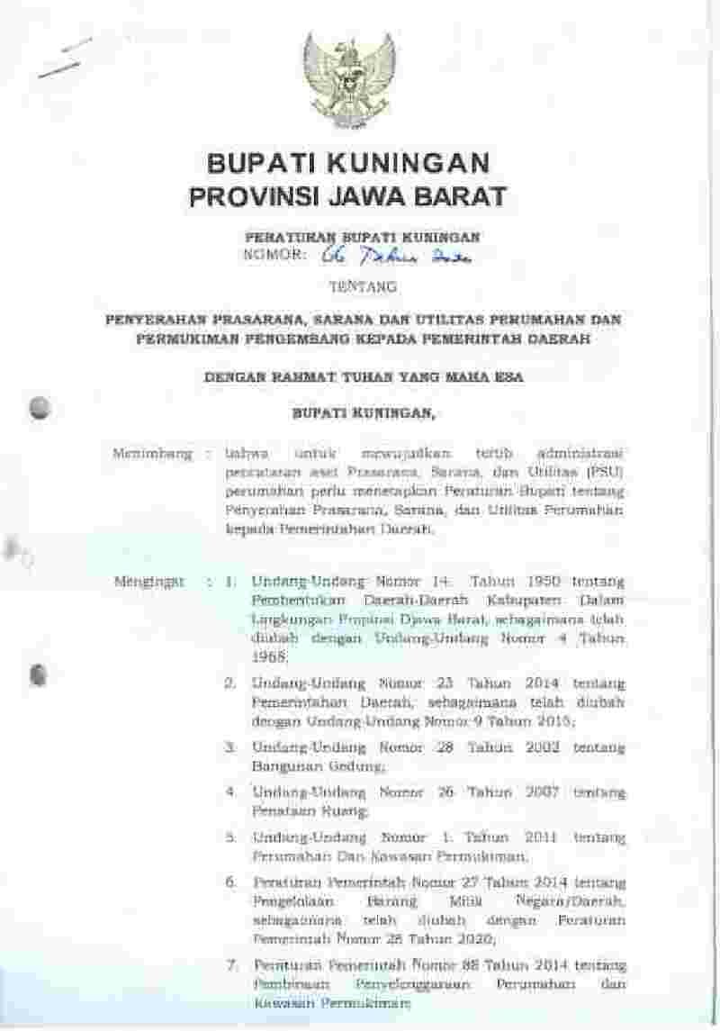 Peraturan Bupati Kuningan No 66 tahun 2020 tentang Penyerahan Prasarana, Sarana dan Utilitas Perumahan dan Permukiman Pengembang Kepada Pemerintah Daerah