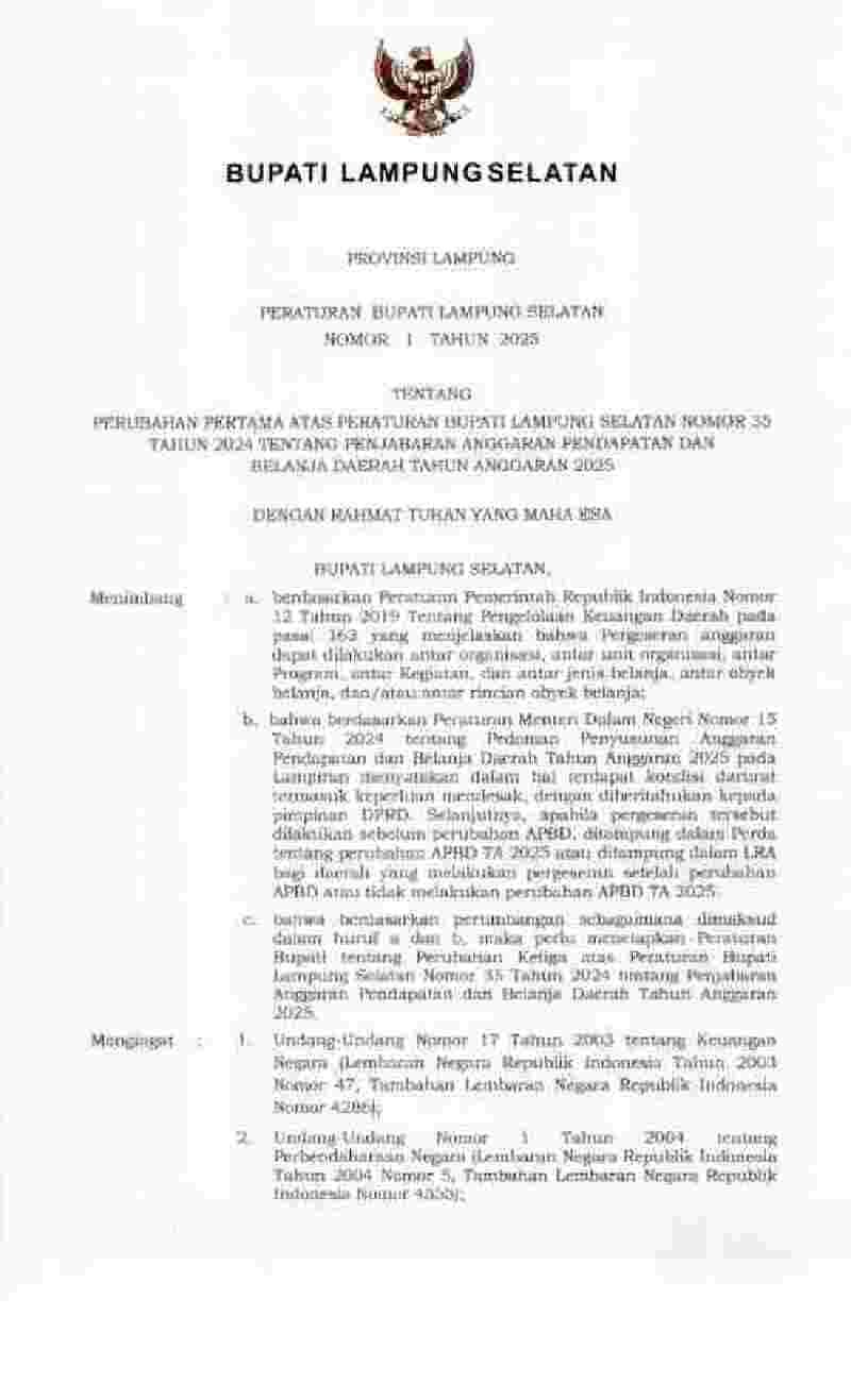 Peraturan Bupati Lampung Selatan No 1 tahun 2025 tentang Perubahan Pertama atas Peraturan Bupati Lampung Selatan Nomor 35 Tahun 2024 tentang Penjabaran Anggaran Pendapatan dan Belanja Daerah Tahun Anggaran 2025