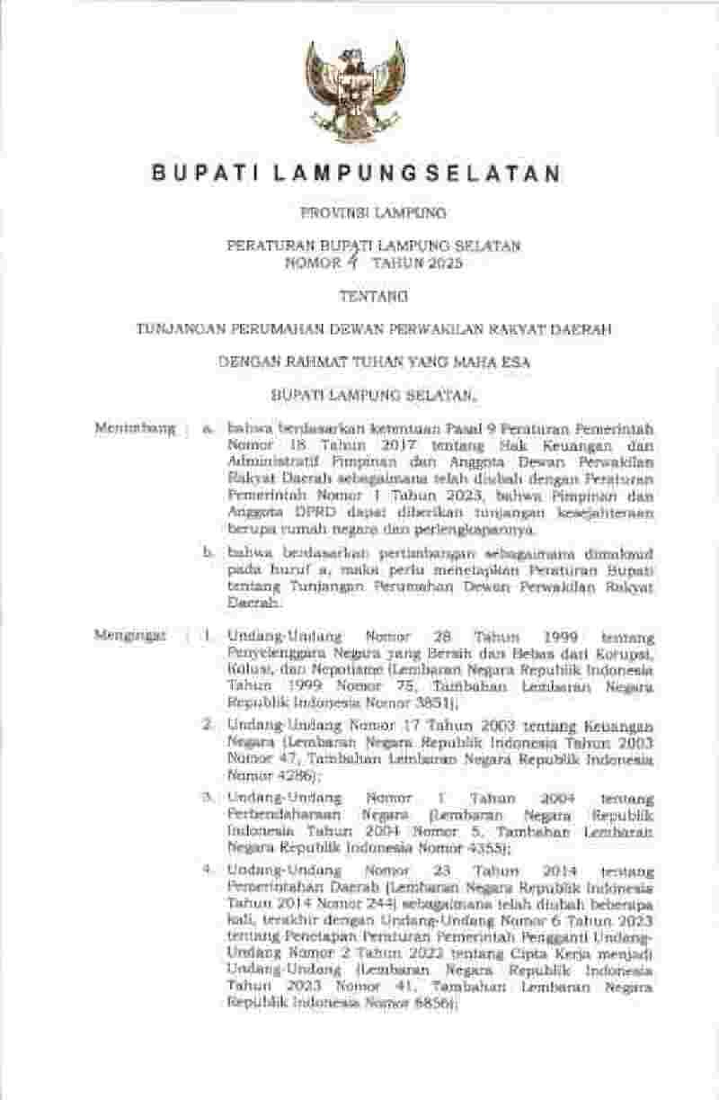 Peraturan Bupati Lampung Selatan No 4 tahun 2025 tentang Tunjangan Perumahan Dewan Perwakilan Rakyat Daerah