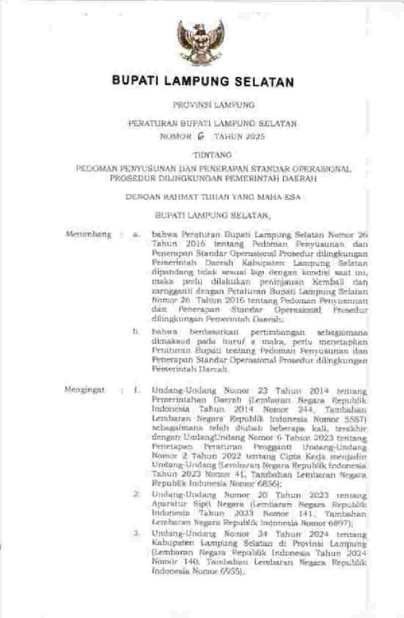 Peraturan Bupati Lampung Selatan No 6 tahun 2025 tentang Pedoman Penyusunan dan Penerapan Standar Operasional Prosedur Dilingkungan Pemerintah Daerah