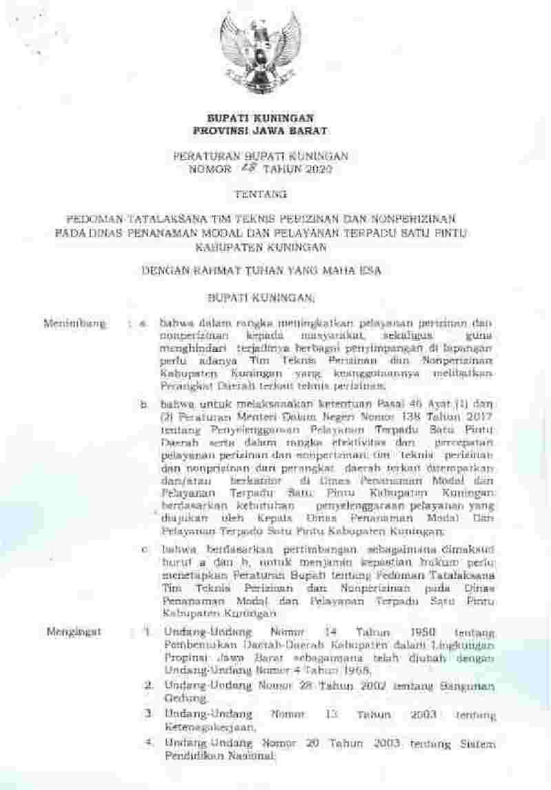 Peraturan Bupati Kuningan No 68 tahun 2020 tentang Pedoman Tatalaksana Tim Teknis Perizinan dan Nonperizinan pada Dinas Penanaman Modal dan Pelayanan Terpadu Satu Pintu Kabupaten Kuningan