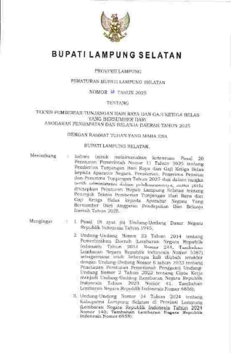 Peraturan Bupati Lampung Selatan No 10 tahun 2025 tentang Teknis Pemberian Tunjangan Hari Raya dan Gaji Ketiga Belas yang Bersumber Dari Anggaran Pendapatan dan Belanja Daerah Tahun 2025