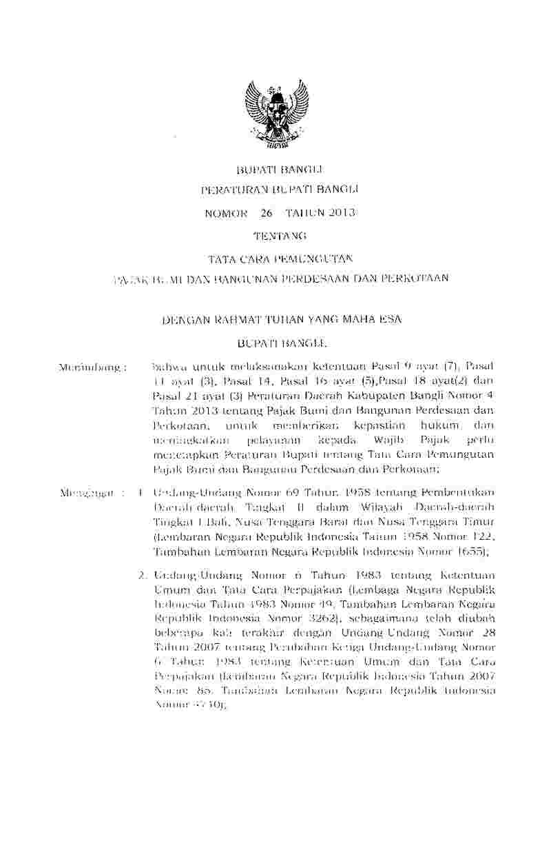 Peraturan Bupati Bangli No 26 tahun 2013 tentang Tata Cara Pemungutan Pajak Bumi dan Bangunan Perdesaan dan PerKotaan