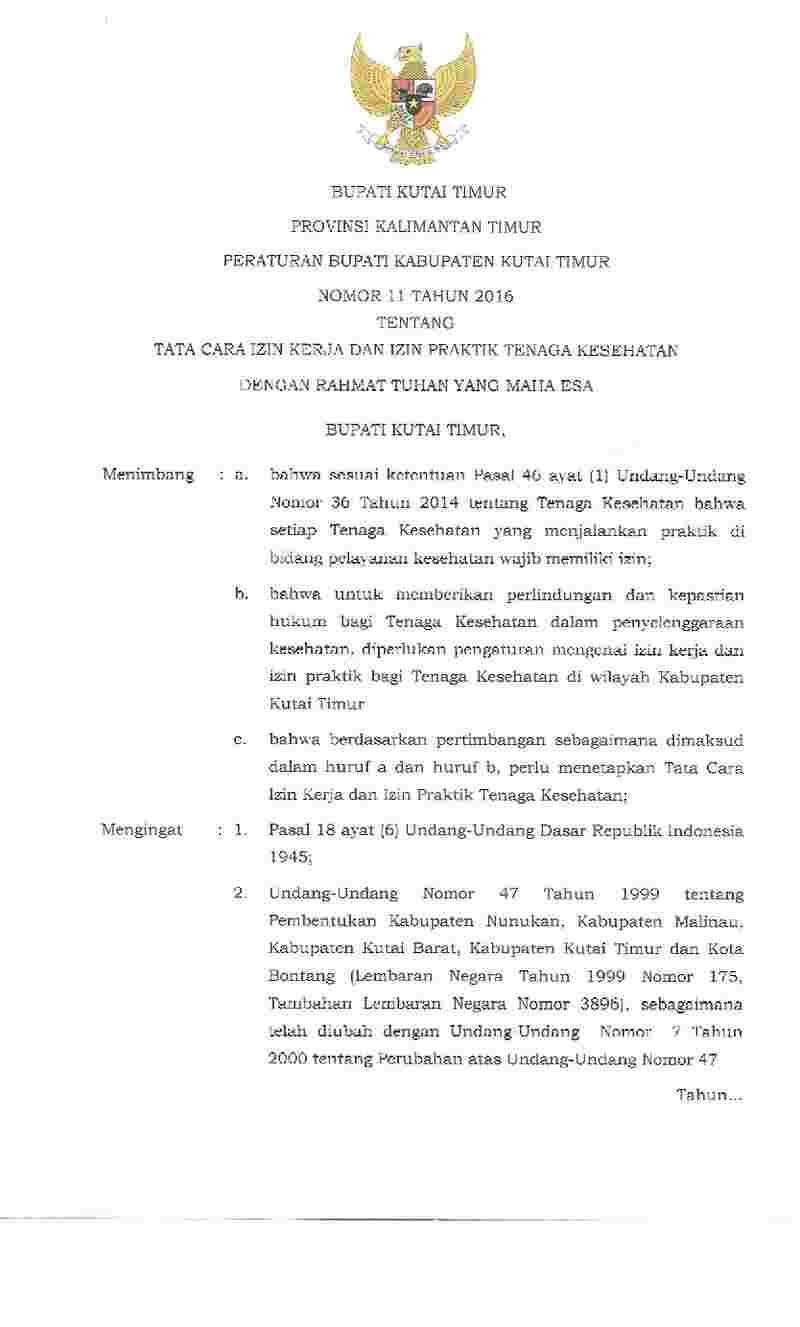 Peraturan Bupati Kutai Timur No 11 tahun 2016 tentang Tata Cara Izin Kerja dan Izin Praktik Tenaga Kesehatan