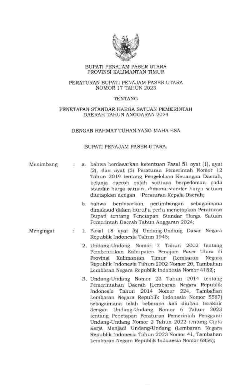 Peraturan Bupati Penajam Paser Utara No 17 tahun 2023 tentang Penetapan Standar Harga Satuan Pemerintah Daerah Tahun Anggaran 2024