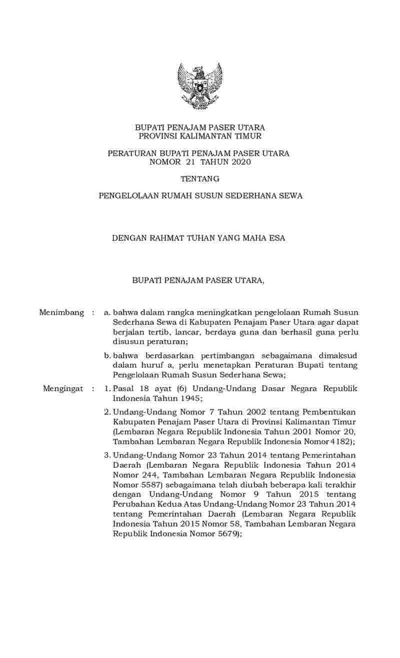 Peraturan Bupati Penajam Paser Utara No 21 tahun 2020 tentang Pengelolaan Rumah Susun Sederhana Sewa