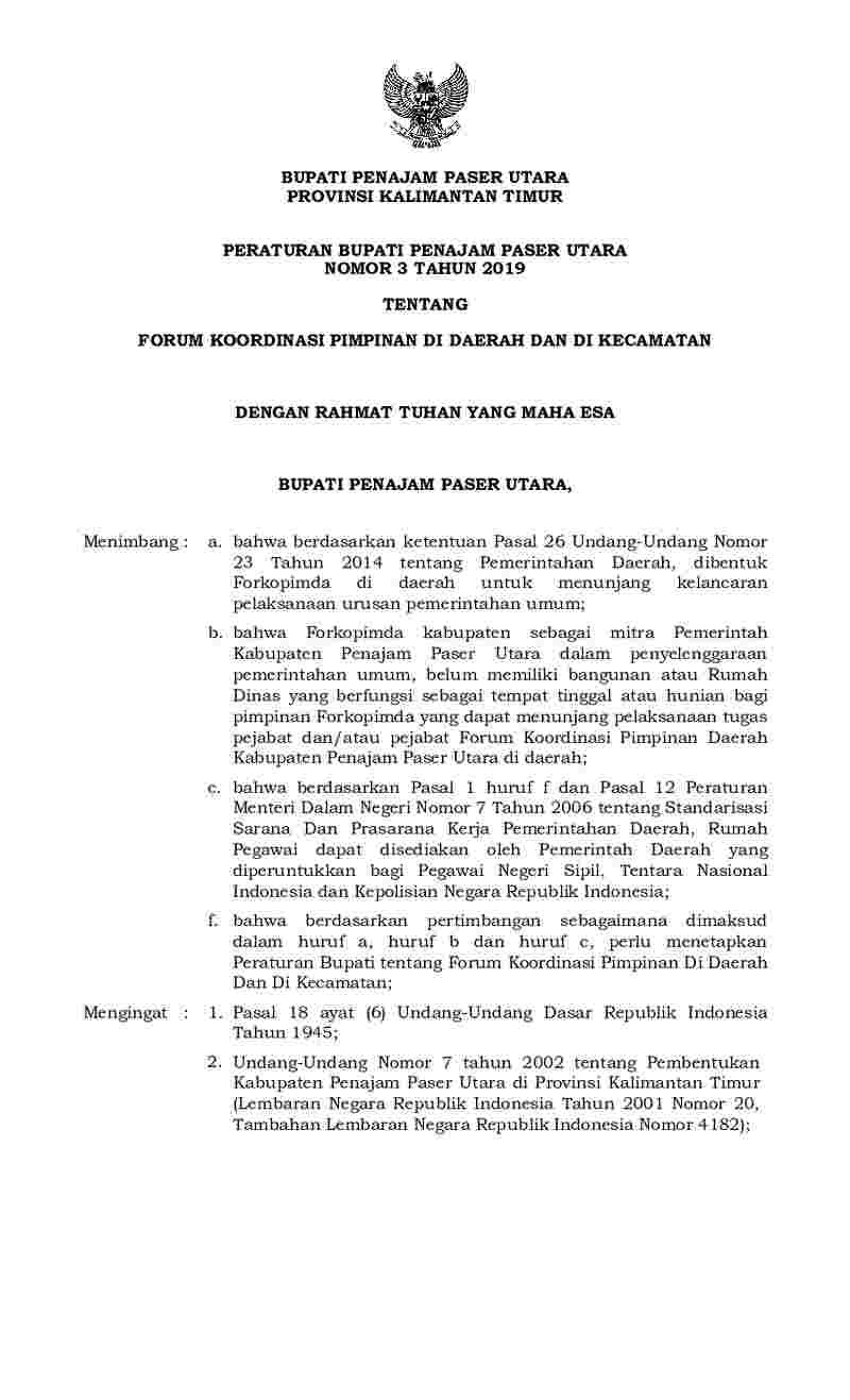 Peraturan Bupati Penajam Paser Utara No 3 tahun 2019 tentang Forum Koordinasi Pimpinan di Daerah dan di Kecamatan