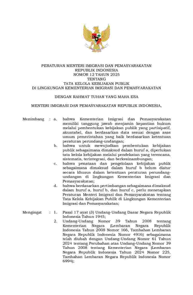 Peraturan Menteri Imigrasi dan Pemasyarakatan No 12 tahun 2025 tentang Tata Kelola Kebijakan Publik di  Lingkungan Kementerian Imigrasi dan Pemasyarakatan