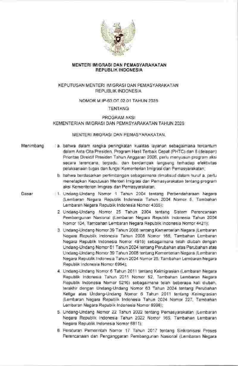 Keputusan Menteri Imigrasi dan Pemasyarakatan No M.IP-63.OT.02.01 tahun 2025 tentang Program Aksi Kementerian Imigrasi dan Pemasyarakatan Tahun 2026