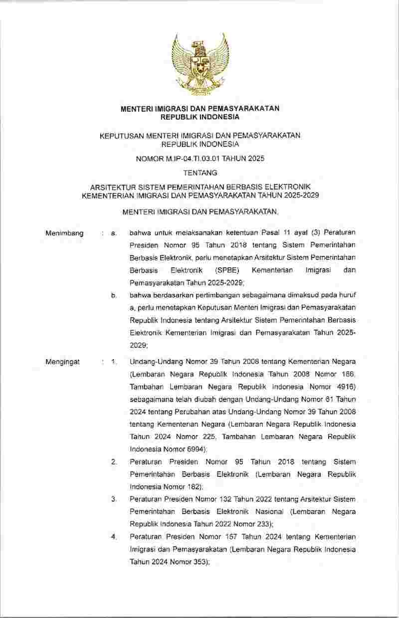 Keputusan Menteri Imigrasi dan Pemasyarakatan No M.IP-04.TI.03.01 tahun 2025 tentang Arsitektur Sistem Pemerintahan Berbasis Elektronik Kementerian Imigrasi dan Pemasyarakatan Tahun 2025-2029