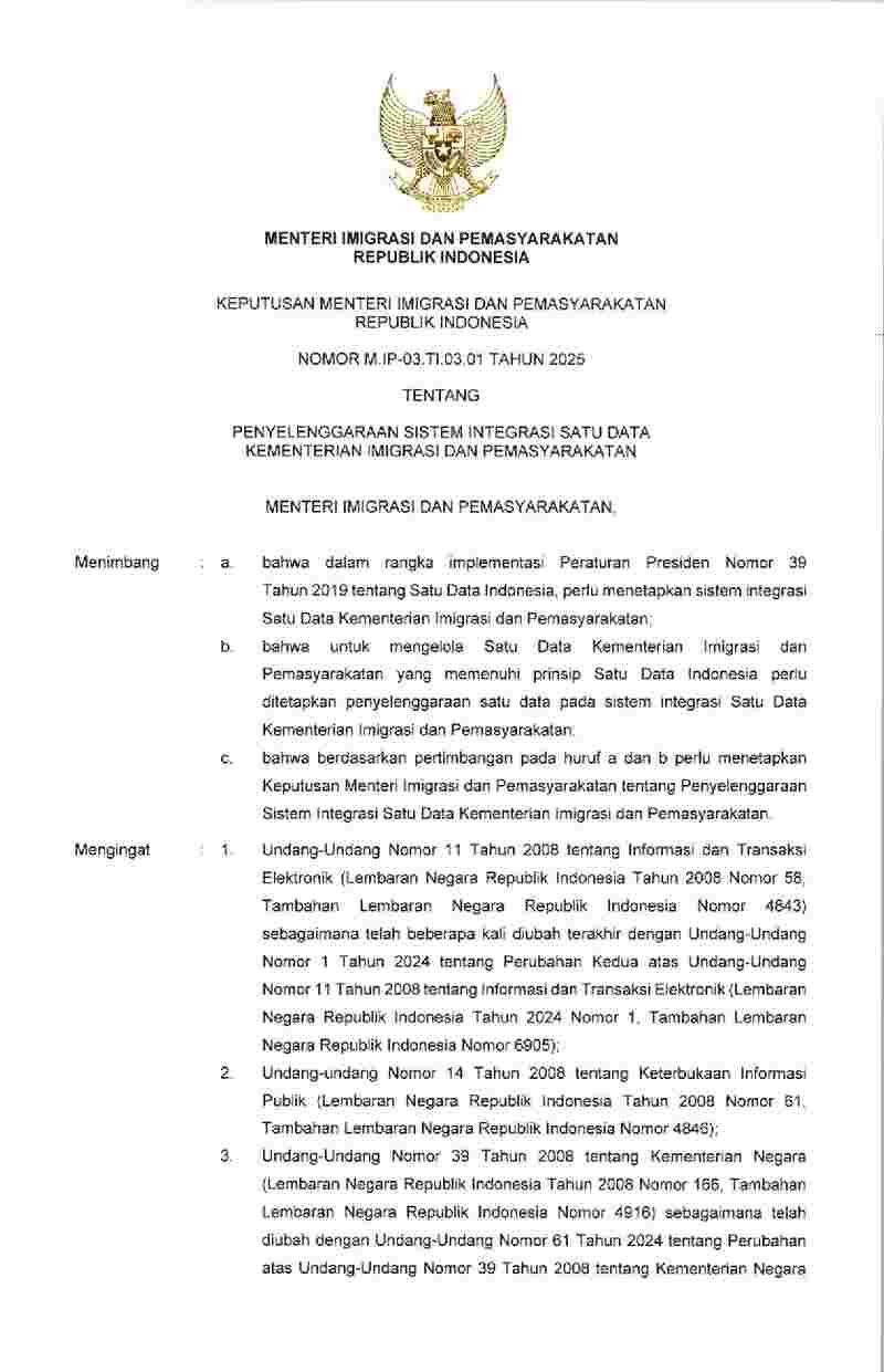 Keputusan Menteri Imigrasi dan Pemasyarakatan No M.IP-03.TI.03.01 tahun 2025 tentang Penyelenggaraan Sistem Integrasi Satu Data Kementerian Imigrasi dan Pemasyarakatan