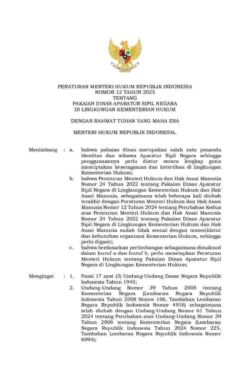 Peraturan Menteri Hukum No 12 tahun 2025 tentang Pakaian Dinas Aparatur Sipil Negara di  Lingkungan Kementerian Hukum 