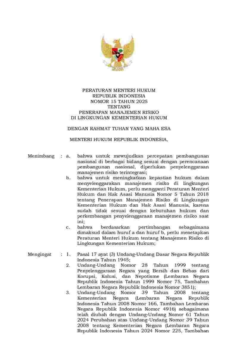 Peraturan Menteri Hukum No 15 tahun 2025 tentang Penerapan Manajemen Risiko di  Lingkungan Kementerian Hukum