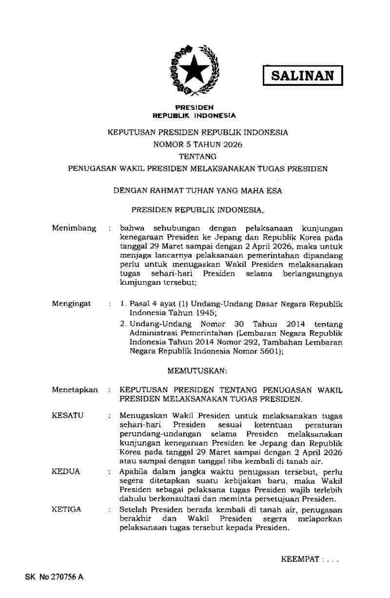 Keputusan Presiden No 5 tahun 2026 tentang Penugasan Wakil Presiden melaksanakan Tugas Presiden