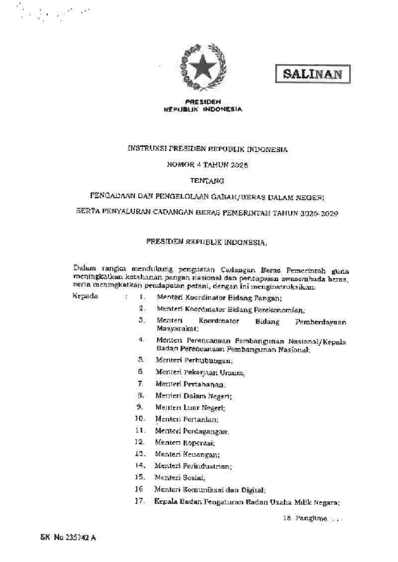 Instruksi Presiden No 4 tahun 2026 tentang Pengadaan dan Pengelolaan Gabah/Beras Dalam Negeri serta Penyaluran Cadangan Beras Pemerintah Tahun 2026-2029