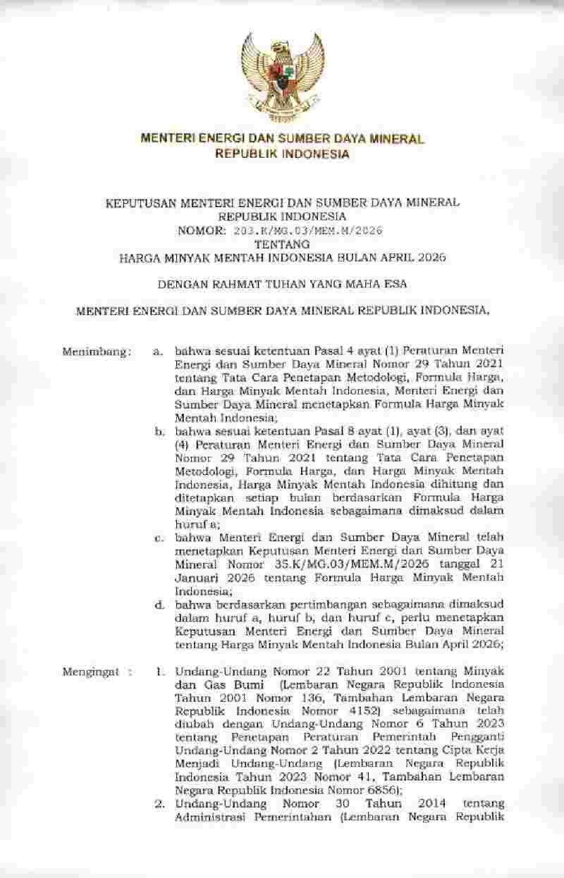 Keputusan Menteri Energi dan Sumber Daya Mineral No 203.K/MG.03/MEM.M/2026 tahun 2026 tentang Harga Minyak Mentah Indonesia Bulan April 2026