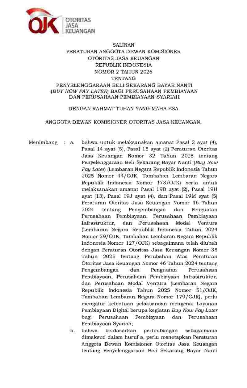 Peraturan Anggota Dewan Komisioner Otoritas Jasa Keuangan No 2 tahun 2026 tentang Penyelenggaraan Beli Sekarang Bayar Nanti (Buy Now Pay Later) bagi Perusahaan Pembiayaan dan Perusahaan Pembiayaan Syariah
