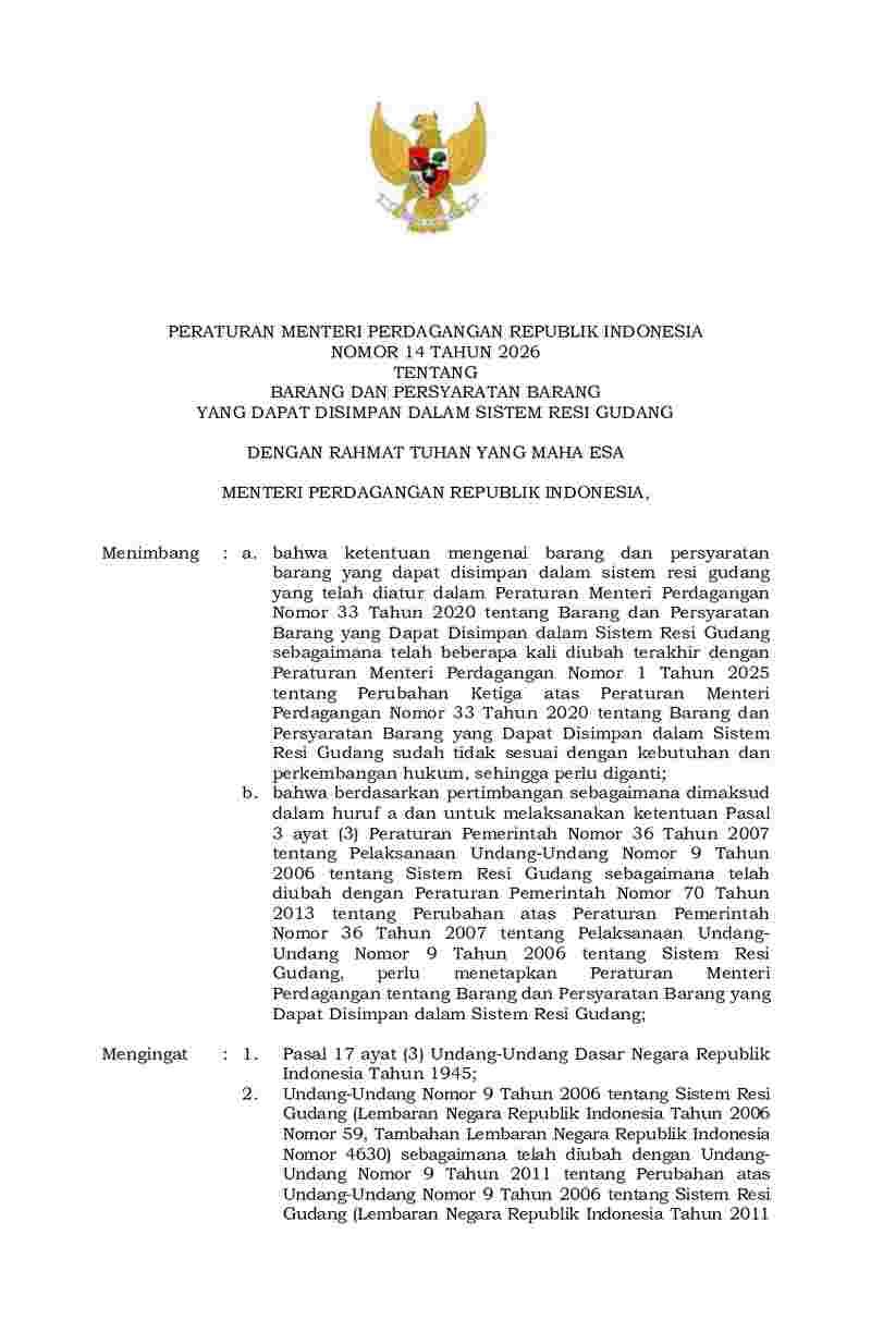 Peraturan Menteri Perdagangan No 14 tahun 2026 tentang Barang dan Persyaratan Barang yang dapat Disimpan dalam  Sistem Resi Gudang