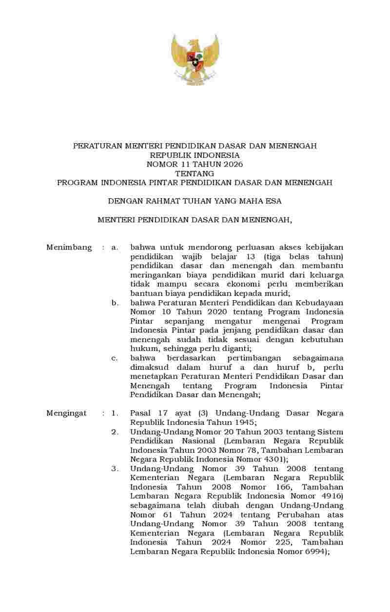 Peraturan Menteri Pendidikan Dasar dan Menengah No 11 tahun 2026 tentang Program Indonesia Pintar Pendidikan Dasar dan Menengah