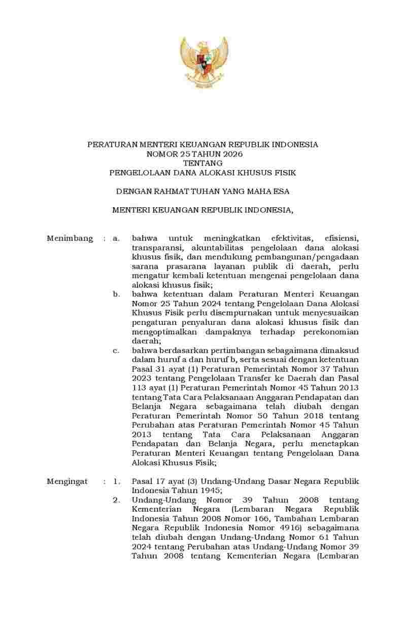 Peraturan Menteri Keuangan No 25 tahun 2026 tentang Pengelolaan Dana Alokasi Khusus Fisik