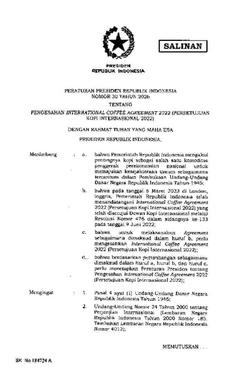 Peraturan Presiden No 30 tahun 2026 tentang Pengesahan International Coffee Angreement 2022 (Persetujuan Kopi Internasional 2022)