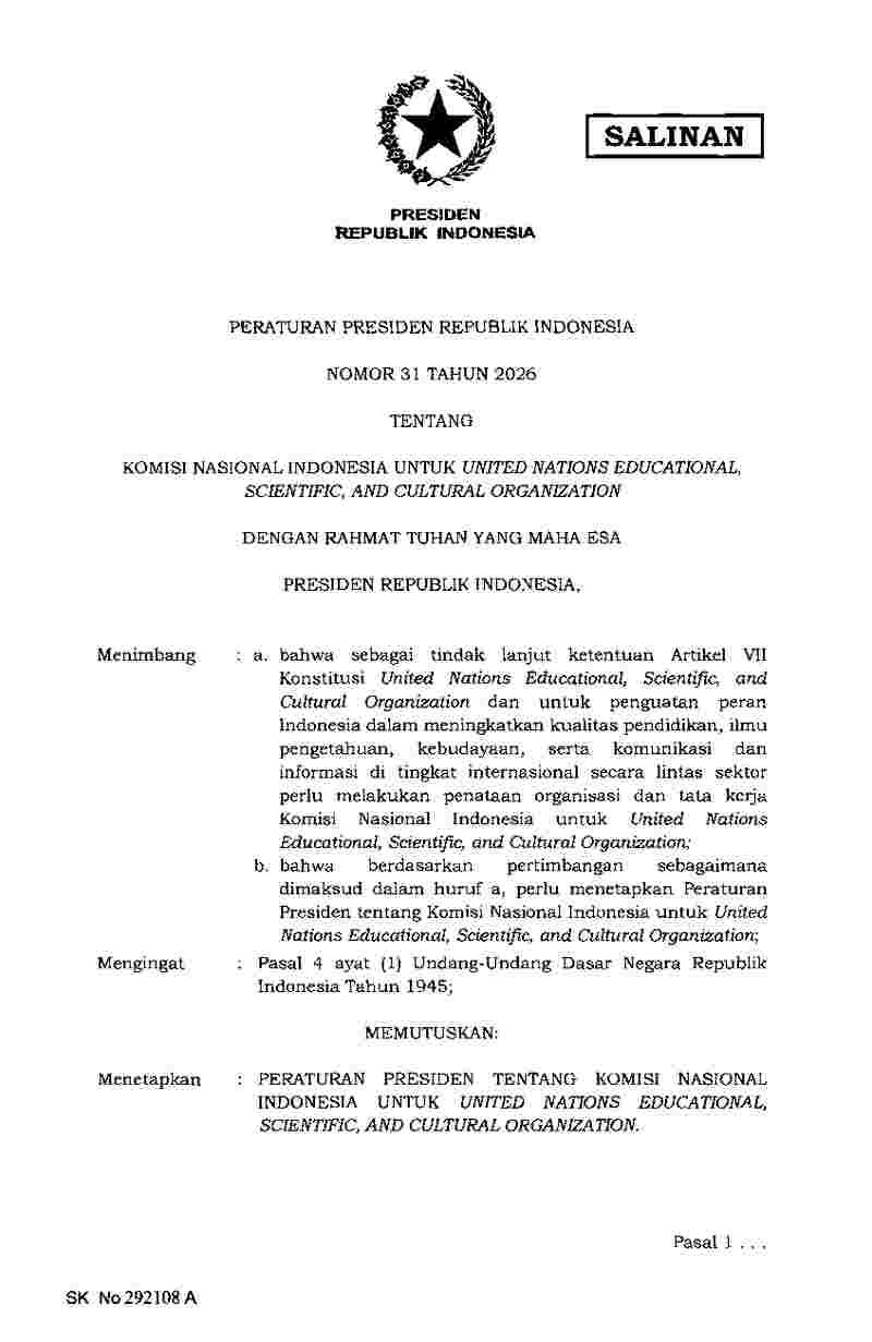 Peraturan Presiden No 31 tahun 2026 tentang Komisi Nasional Indonesia untuk United Nations Educational, Scientific, and Cultural Organization