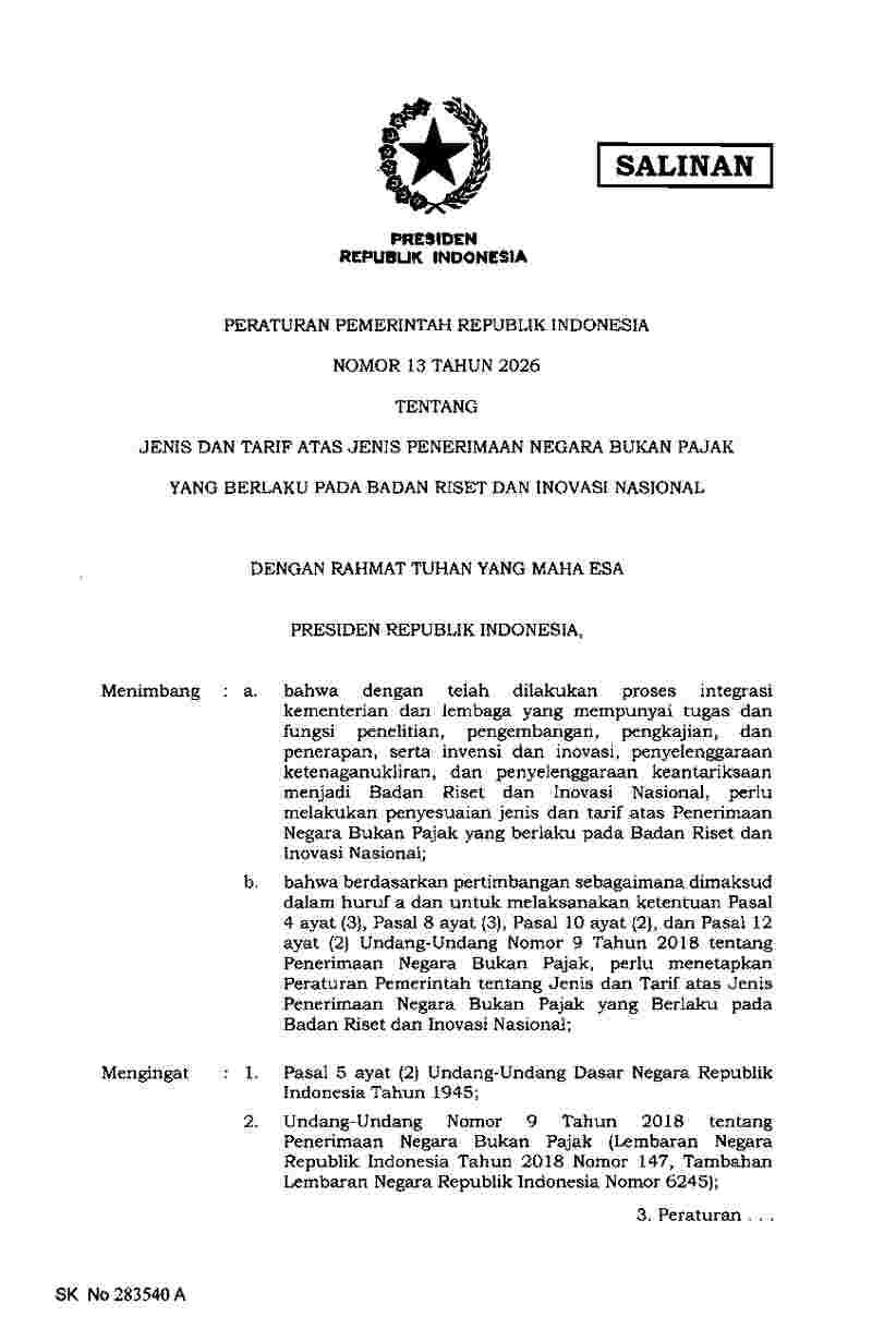 Peraturan Pemerintah No 13 tahun 2026 tentang Jenis dan Tarif atas Jenis Penerimaan Negara bukan Pajak yang Berlaku pada Badan Riset dan Inovasi Nasional