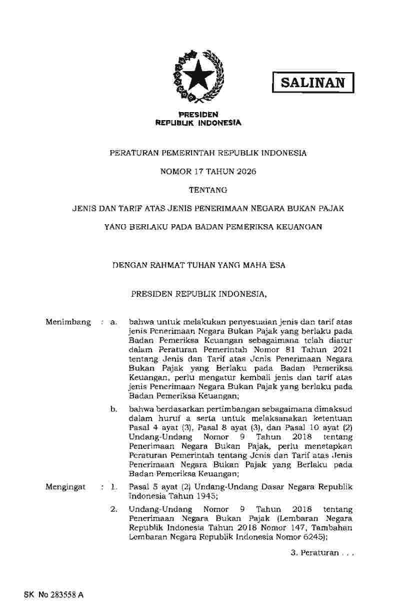 Peraturan Pemerintah No 17 tahun 2026 tentang Jenis dan Tarif atas Jenis Penerimaan Negara bukan Pajak yang Berlaku pada Badan Pemeriksa Keuangan