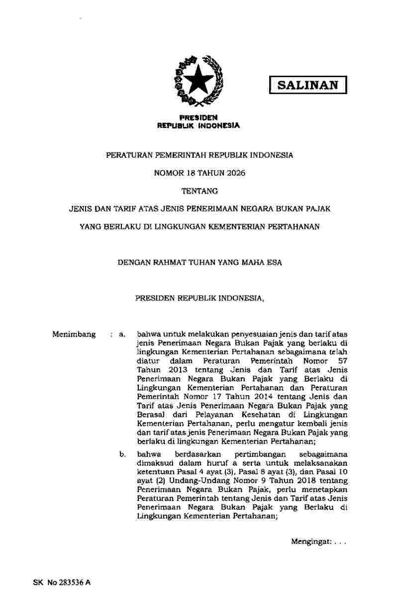 Peraturan Pemerintah No 18 tahun 2026 tentang Jenis dan Tarif atas Jenis Penerimaan Negara bukan Pajak yang Berlaku di Lingkungan Kementerian Pertahanan