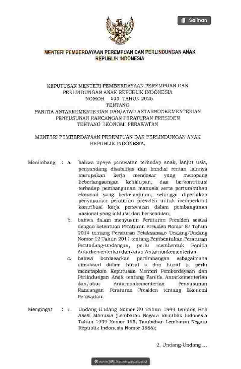 Keputusan Menteri Pemberdayaan Perempuan Dan Perlindungan Anak No 103 tahun 2026 tentang Panitia Antar Kementerian dan/atau Antar Non Kementerian Penyusunan Rancangan Peraturan Presiden tentang Ekonomi Perawatan