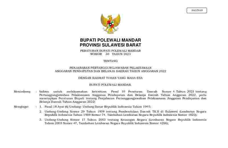 Peraturan Bupati Polewali Mandar  No 30 tahun 2023 tentang Penjabaran Pertanggungjawaban Pelaksanaan Anggaran Pendapatan dan Belanja Daerah Tahun Anggaran 2022
