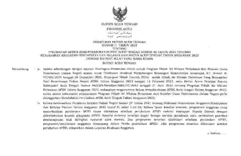 Peraturan Bupati Aceh Tengah No 23 tahun 2022 tentang Perubahan Kedua atas Peraturan Bupati Aceh Tengah Nomor 46 Tahun 2021 tentang Penjabaran Anggaran Pendapatan dan Belanja Kabupaten Aceh Tengah Tahun Anggaran 2022