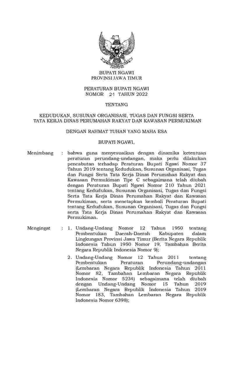 Peraturan Bupati Ngawi No 24 tahun 2022 tentang Kedudukan, Susunan Organisasi, Tugas dan Fungsi serta Tata Kerja Dinas Perumahan Rakyat dan Kawasan Permukiman 