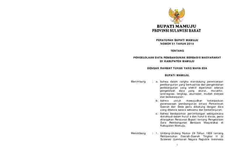 Peraturan Bupati Mamuju No 51 tahun 2016 tentang Pengelolaan Data Pembangunan Berbasis Masyarakat di Kabupaten Mamuju
