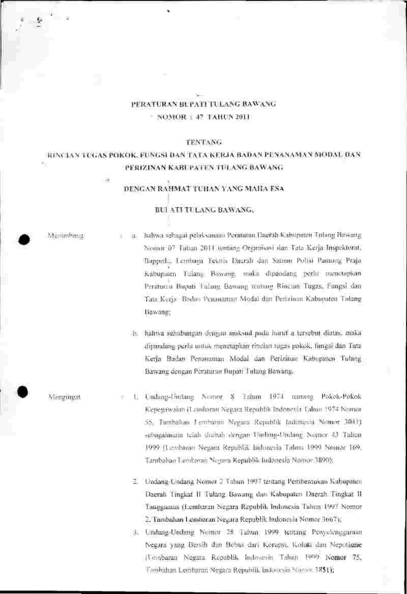 Peraturan Bupati Tulang Bawang No 47 tahun 2011 tentang Rincian Tugas Pokok, Fungsi dan Tata Kerja Badan Penanaman Modal dan Perizinan Kabupaten Tulang Bawang