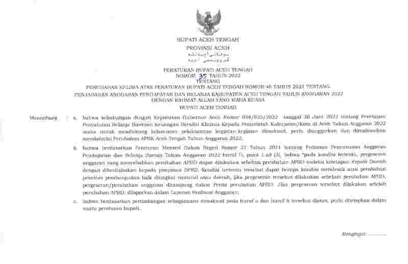 Peraturan Bupati Aceh Tengah No 35 tahun 2022 tentang Perubahan Kelima atas Peraturan Bupati Aceh Tengah Nomor 46 Tahun 2021 tentang Penjabaran Anggaran Pendapatan dan Belanja Kabupaten Aceh Tengah Tahun Anggaran 2022