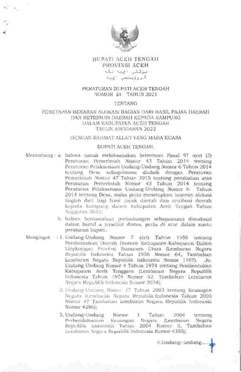Peraturan Bupati Aceh Tengah No 62 tahun 2021 tentang Penetapan Besaran Alokasi Bagian dari Hasil Pajak Daerah dan Retribusi Daerah kepada Kampung Dalam Kabupaten Aceh Tengah Tahun Anggaran 2022