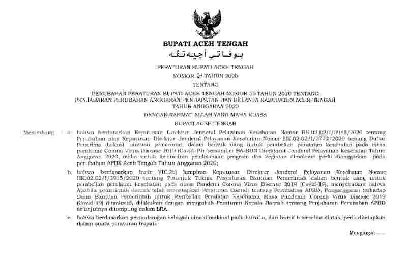 Peraturan Bupati Aceh Tengah No 68 tahun 2020 tentang Perubahan Peraturan Bupati Aceh Tengah Nomor 55 Tahun 2020 tentang Penjabaran Perubahan Anggaran Pendapatan dan Belanja Kabupaten Aceh Tengah Tahun Anggaran 2020