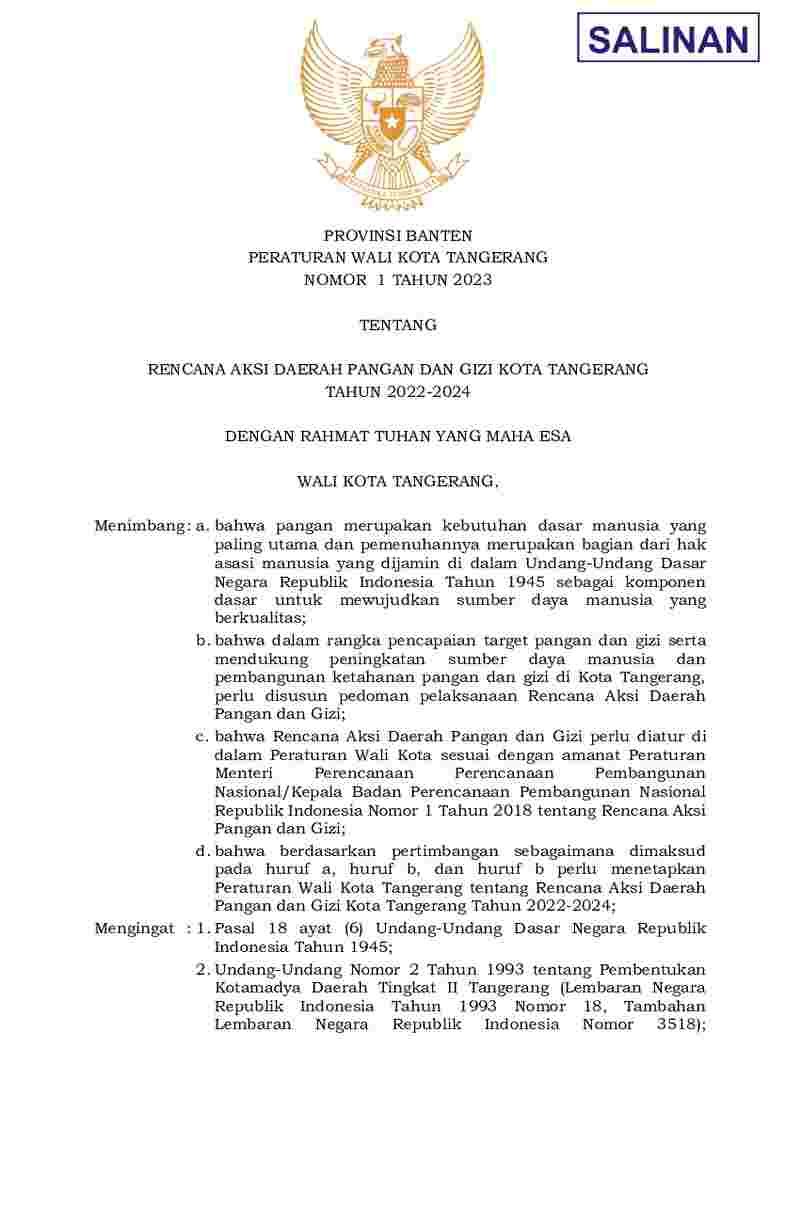Peraturan Walikota Tangerang No 1 tahun 2023 tentang Rencana Aksi Daerah Pangan Dan Gizi Kota Tangerang Tahun 2022-2024