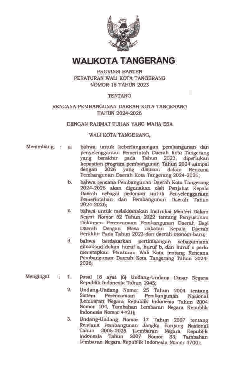 Peraturan Walikota Tangerang No 15 tahun 2023 tentang Rencana Pembangunan Daerah Kota Tangerang Tahun 2024-2026