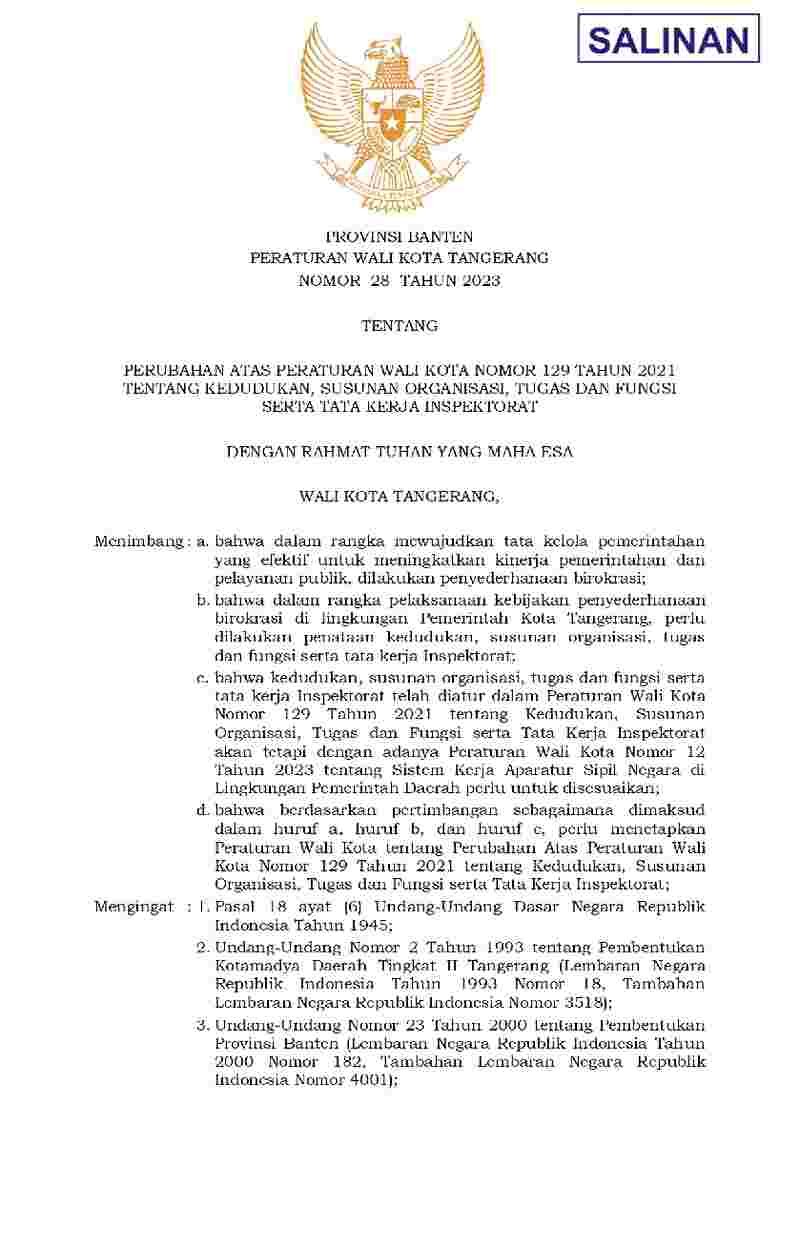 Peraturan Walikota Tangerang No 28 tahun 2023 tentang Perubahan atas Peraturan Walikota Nomor 129 Tahun 2021 tentang Kedudukan, Susunan Organisasi, Tugas Dan Fungsi Serta Tata Kerja Inspektorat