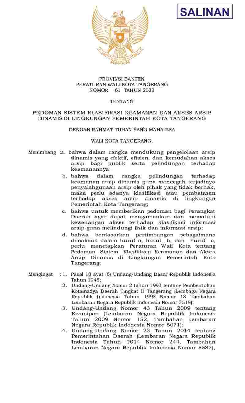 Peraturan Walikota Tangerang No 61 tahun 2023 tentang Pedoman Sistem Klasifikasi Keamanan Dan Akses Arsip Dinamis di Lingkungan Pemerintah Kota Tangerang