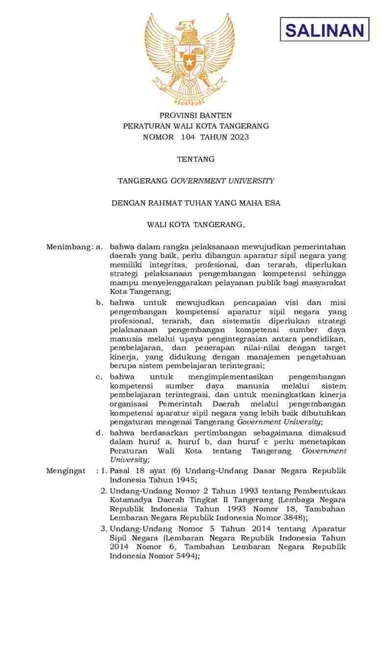 Peraturan Walikota Tangerang No 104 tahun 2023 tentang Tangerang Government University